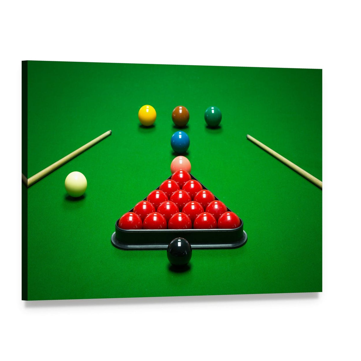 Snooker Balls Set on a Green Table Canvas Wall Art, single panel gallery wrapped canvas, angled product view