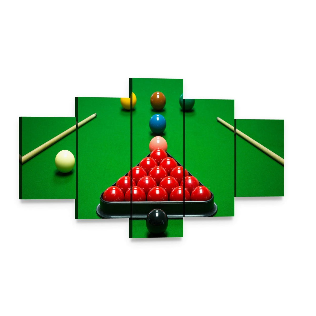 Snooker Balls Set on a Green Table Canvas Wall Art, 5 panel 5 Star layout gallery wrapped canvas set, angled product view