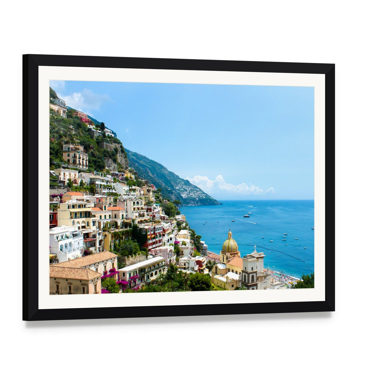 Positano on the Amalfi Coast Canvas Wall Art, framed print with white mat and black frame, angled product view