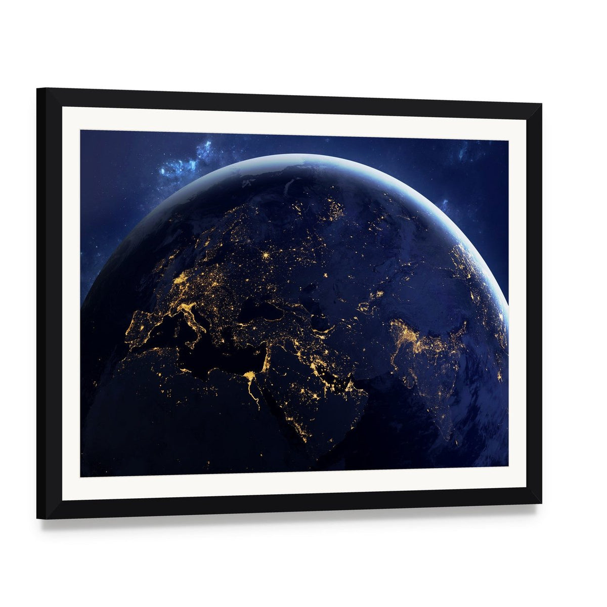 Planet Earth from Space at Night Canvas Wall Art, framed print with white mat and black frame, angled product view
