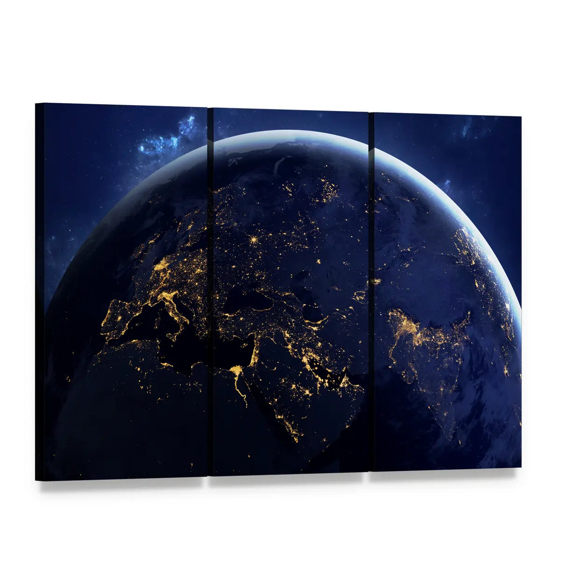 Earth at Night with Mediterranean Lights Canvas Wall Art, 3 panel 3 Horizontal layout gallery wrapped canvas set, angled product view