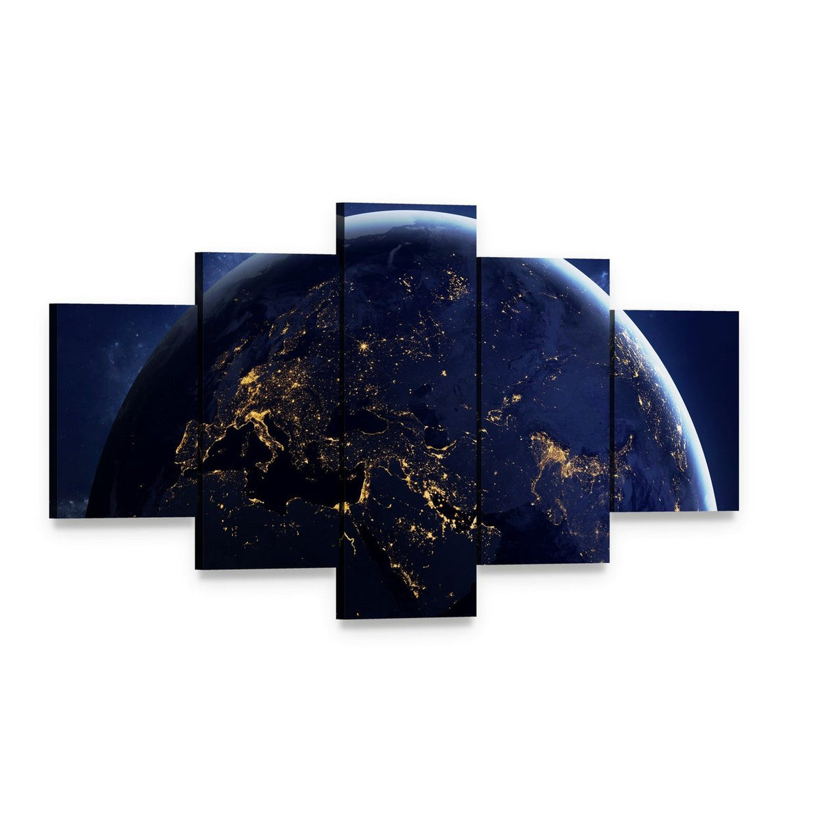Planet Earth from Space at Night Canvas Wall Art, 5 panel 5 Star layout gallery wrapped canvas set, angled product view