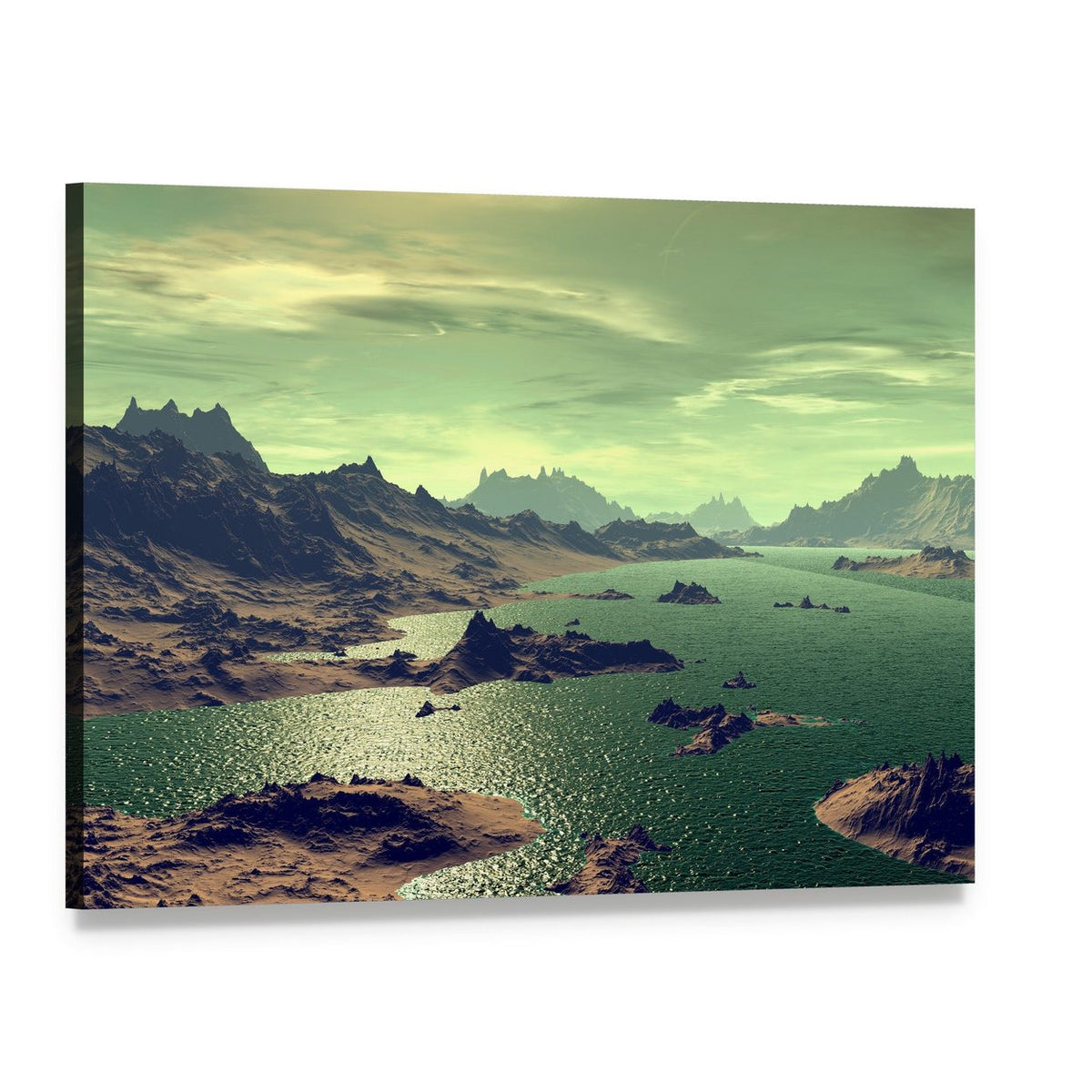 Alien Lake with Rocky Islands Canvas Wall Art, single panel gallery wrapped canvas, angled product view