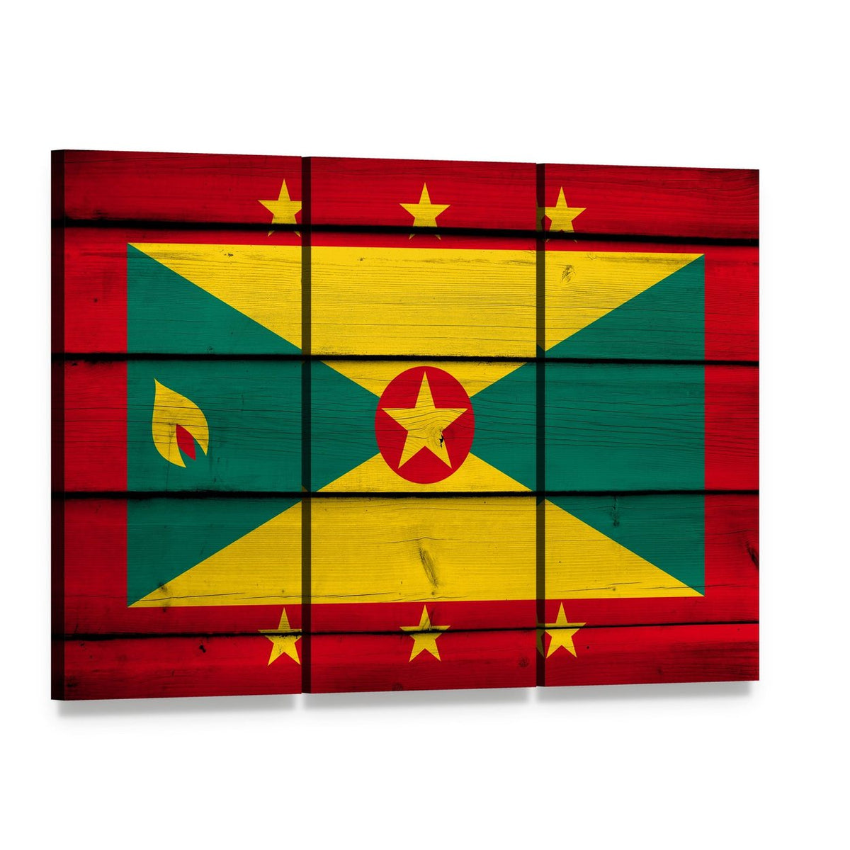 Grenada Flag Canvas Wall Art, 3 panel 3 Horizontal layout gallery wrapped canvas set, angled product view
