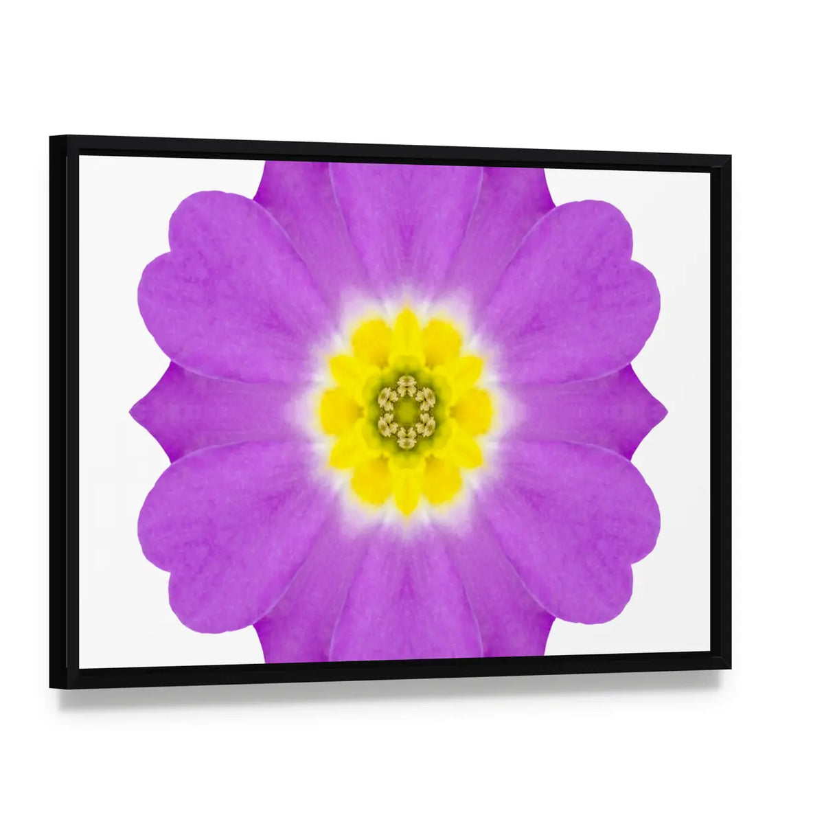 Purple Kaleidoscopic Flower Canvas Wall Art, framed canvas in a black floater frame, angled product view