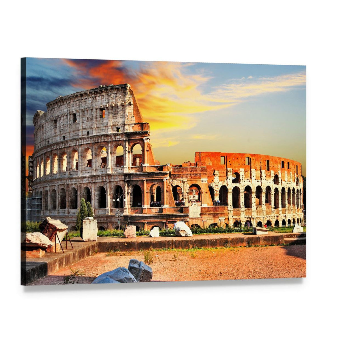 Sunset Over Colosseum in Rome Canvas Wall Art, single panel gallery wrapped canvas, angled product view