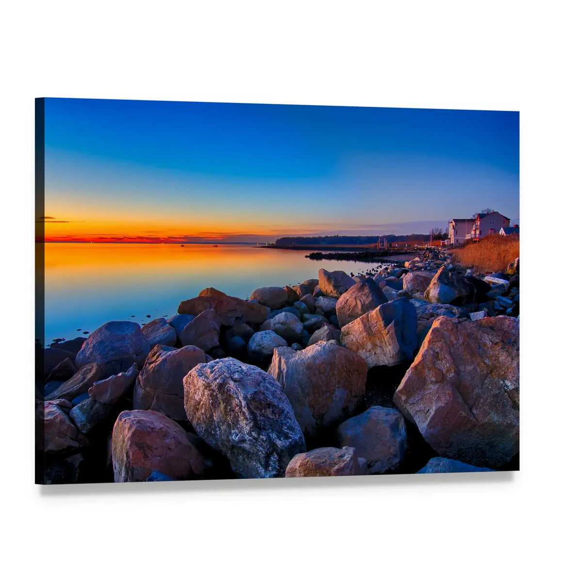 Greenwich Bay Rocky Shore at Sunset Canvas Wall Art, single panel gallery wrapped canvas, angled product view