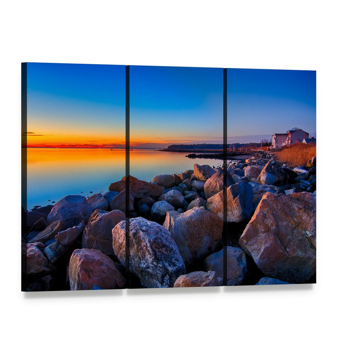 Greenwich Bay Sunset Over Rocky Shore Canvas Wall Art, 3 panel 3 Horizontal layout gallery wrapped canvas set, angled product view