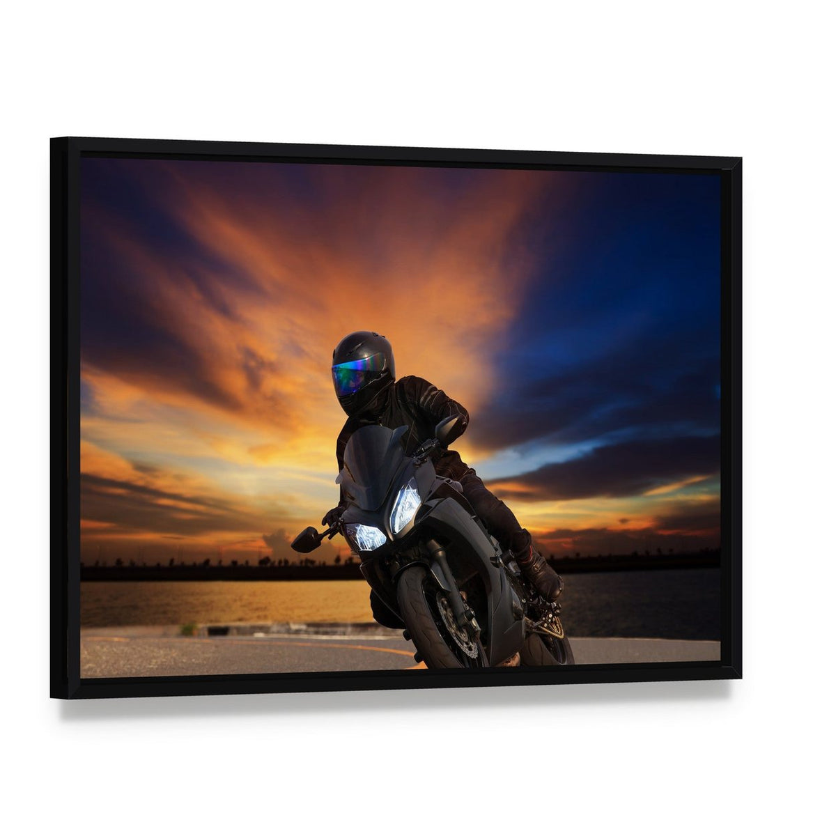 Young Bike Rider Canvas Wall Art, framed canvas in a black floater frame, angled product view