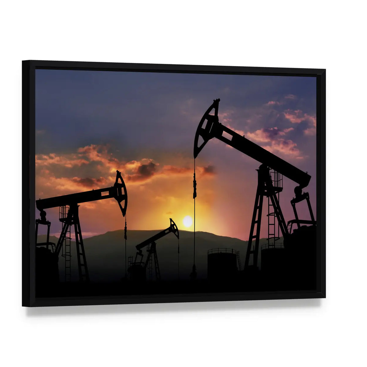 Oil Pumpjacks at Sunset Canvas Wall Art, framed canvas in a black floater frame, angled product view