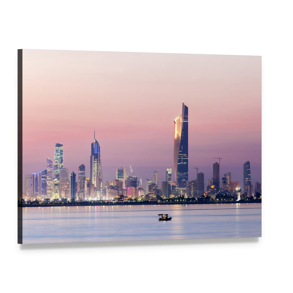 Skyline of Kuwait City at Night Canvas Wall Art, single panel gallery wrapped canvas, angled product view