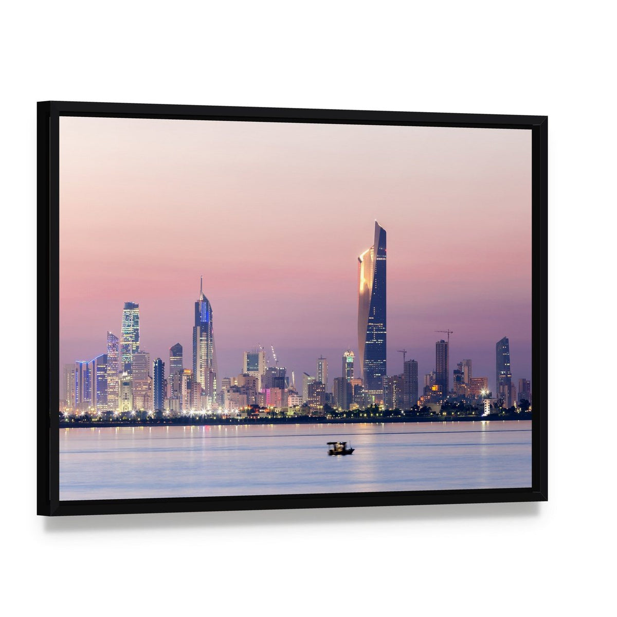 Skyline of Kuwait City at Night Canvas Wall Art, framed canvas in a black floater frame, angled product view