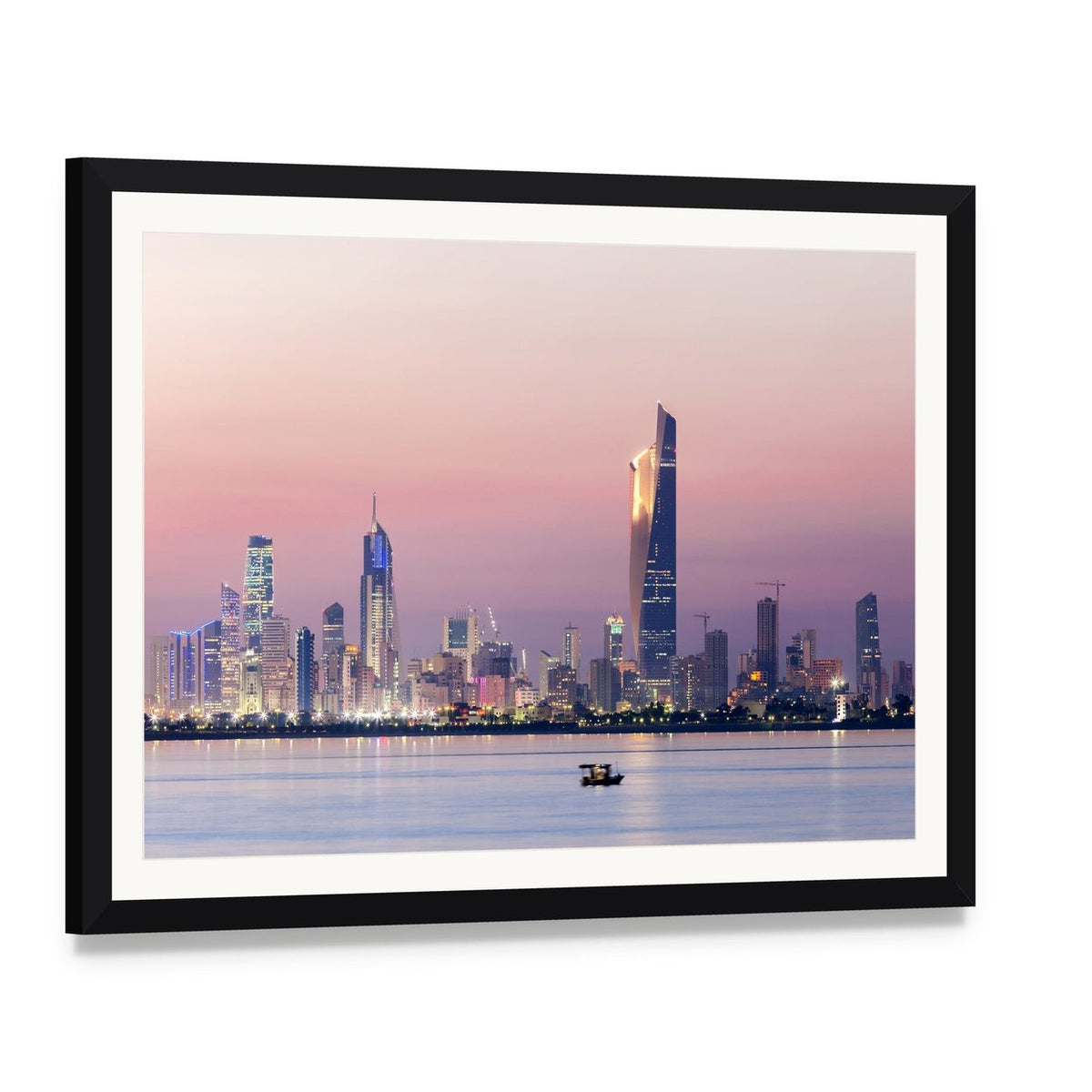 Skyline of Kuwait City at Night Canvas Wall Art, framed print with white mat and black frame, angled product view