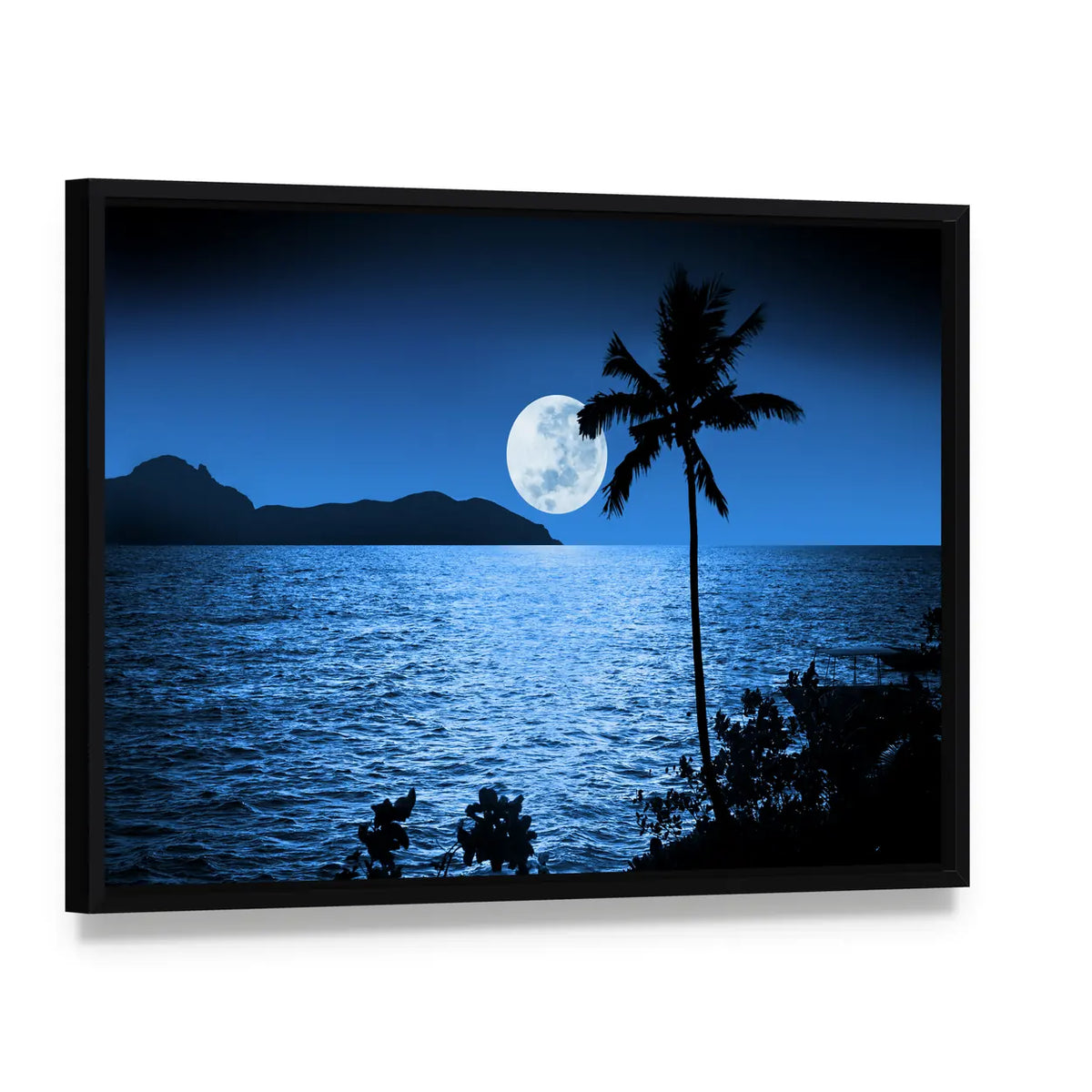 Full Moon Over Ocean Canvas Wall Art, framed canvas in a black floater frame, angled product view