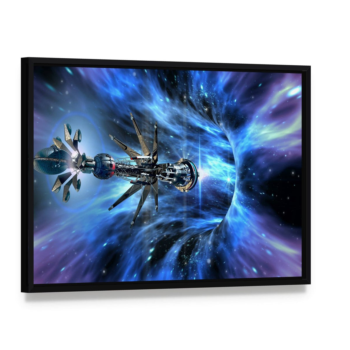 Futuristic Spacecraft Planet Canvas Wall Art, framed canvas in a black floater frame, angled product view