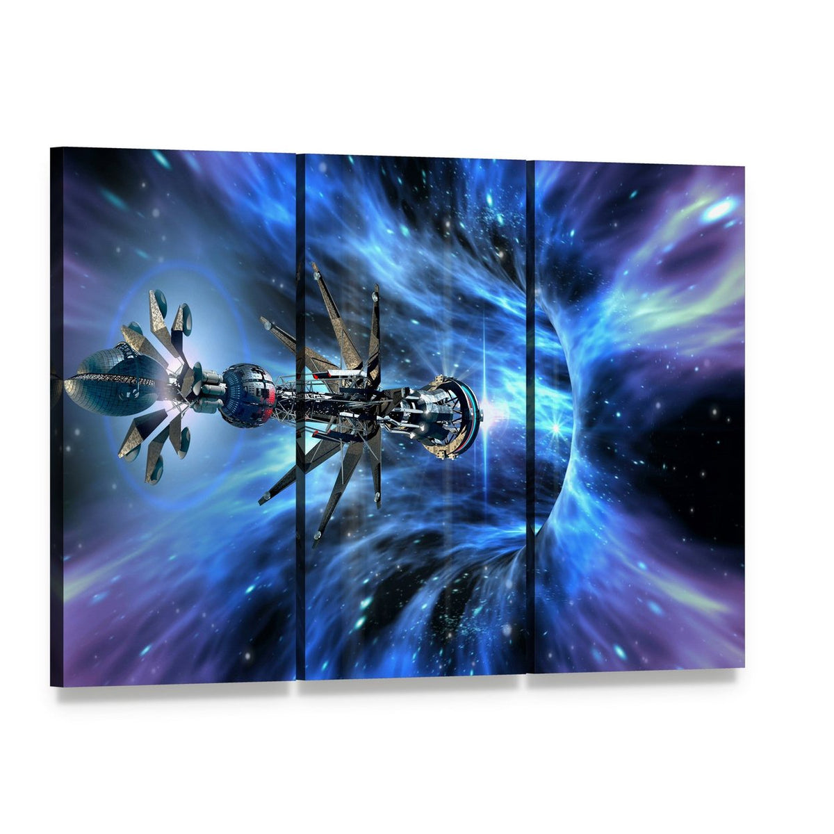 Futuristic Spacecraft Planet Canvas Wall Art, 3 panel 3 Horizontal layout gallery wrapped canvas set, angled product view