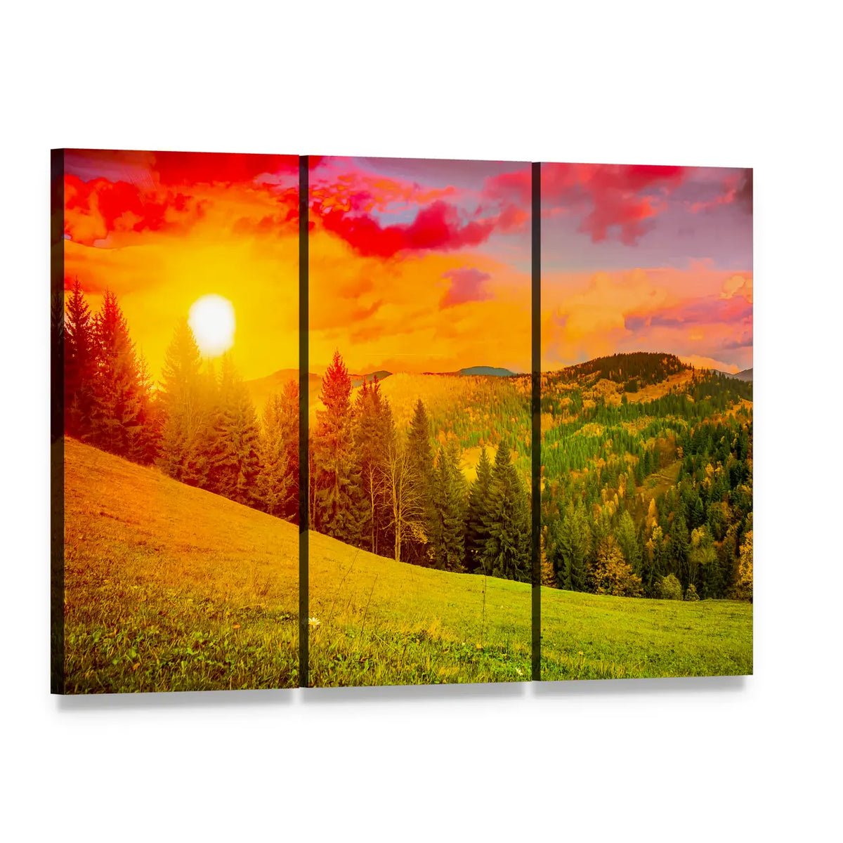 Sunlit Mountain at Sunset Canvas Wall Art, 3 panel 3 Horizontal layout gallery wrapped canvas set, angled product view