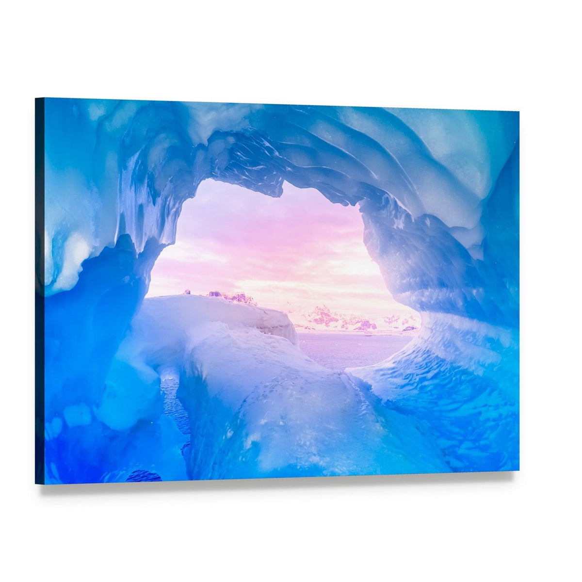 Serene Blue Ice Cave at Sunset Canvas Wall Art, single panel gallery wrapped canvas, angled product view