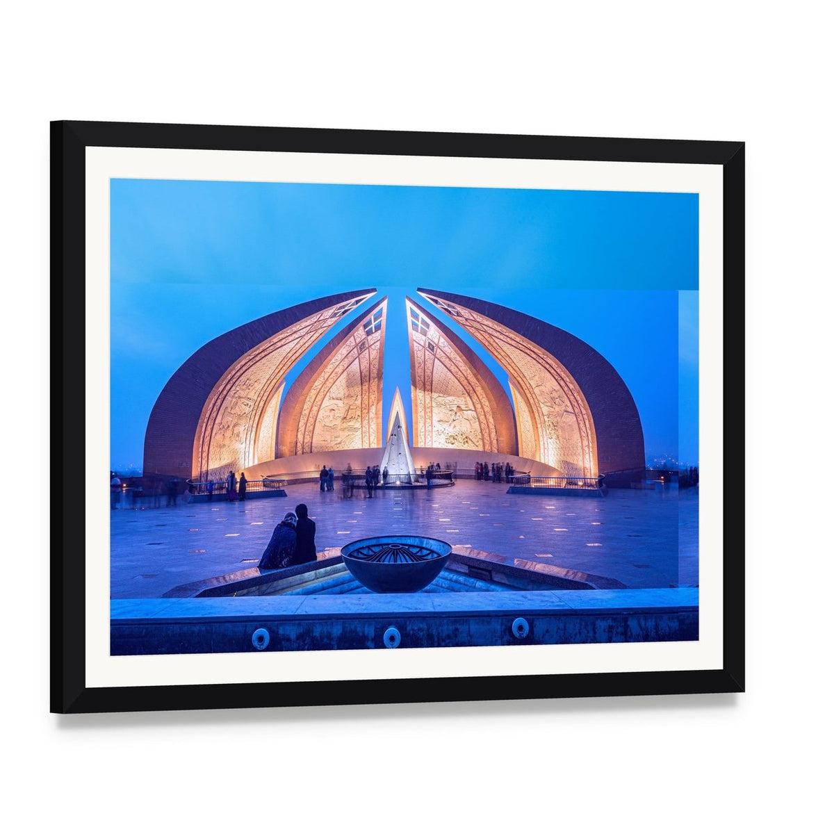 Pakistan Monument in Islamabad Canvas Wall Art, framed print with white mat and black frame, angled product view