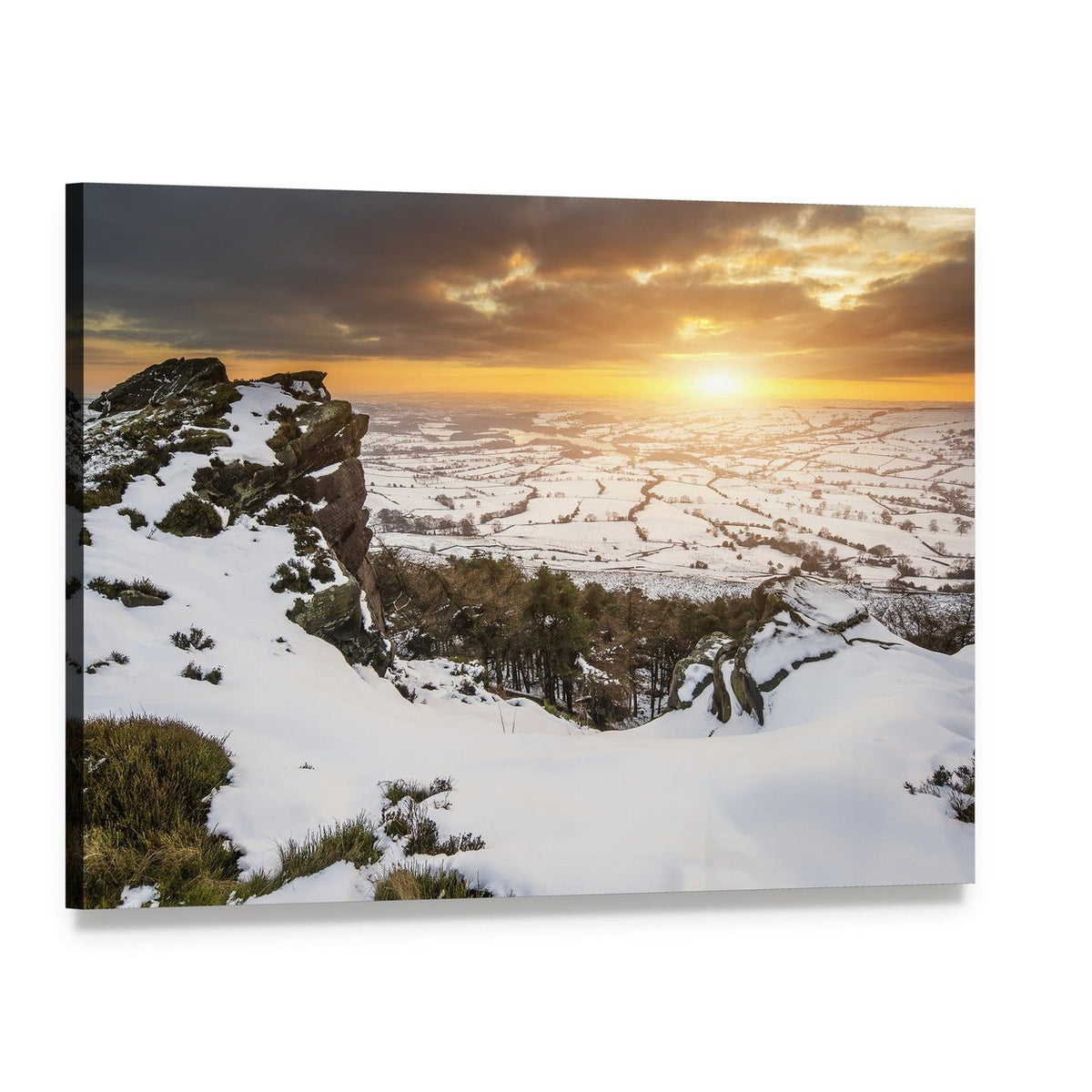 Winter Sunset Over Snowy Pines and Fields Canvas Wall Art, single panel gallery wrapped canvas, angled product view