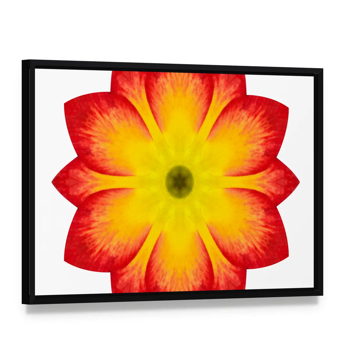 Primrose Mandala Flower Canvas Wall Art, framed canvas in a black floater frame, angled product view