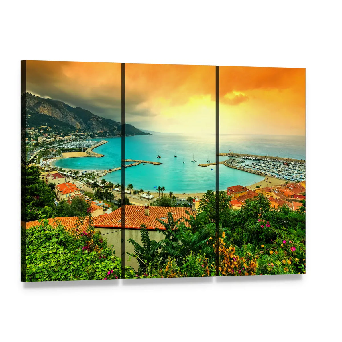 Sunset Over Azur Coast Canvas Wall Art, 3 panel 3 Horizontal layout gallery wrapped canvas set, angled product view