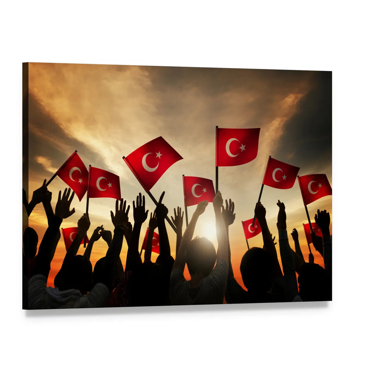 People Holding Turkish Flags Canvas Wall Art, single panel gallery wrapped canvas, angled product view