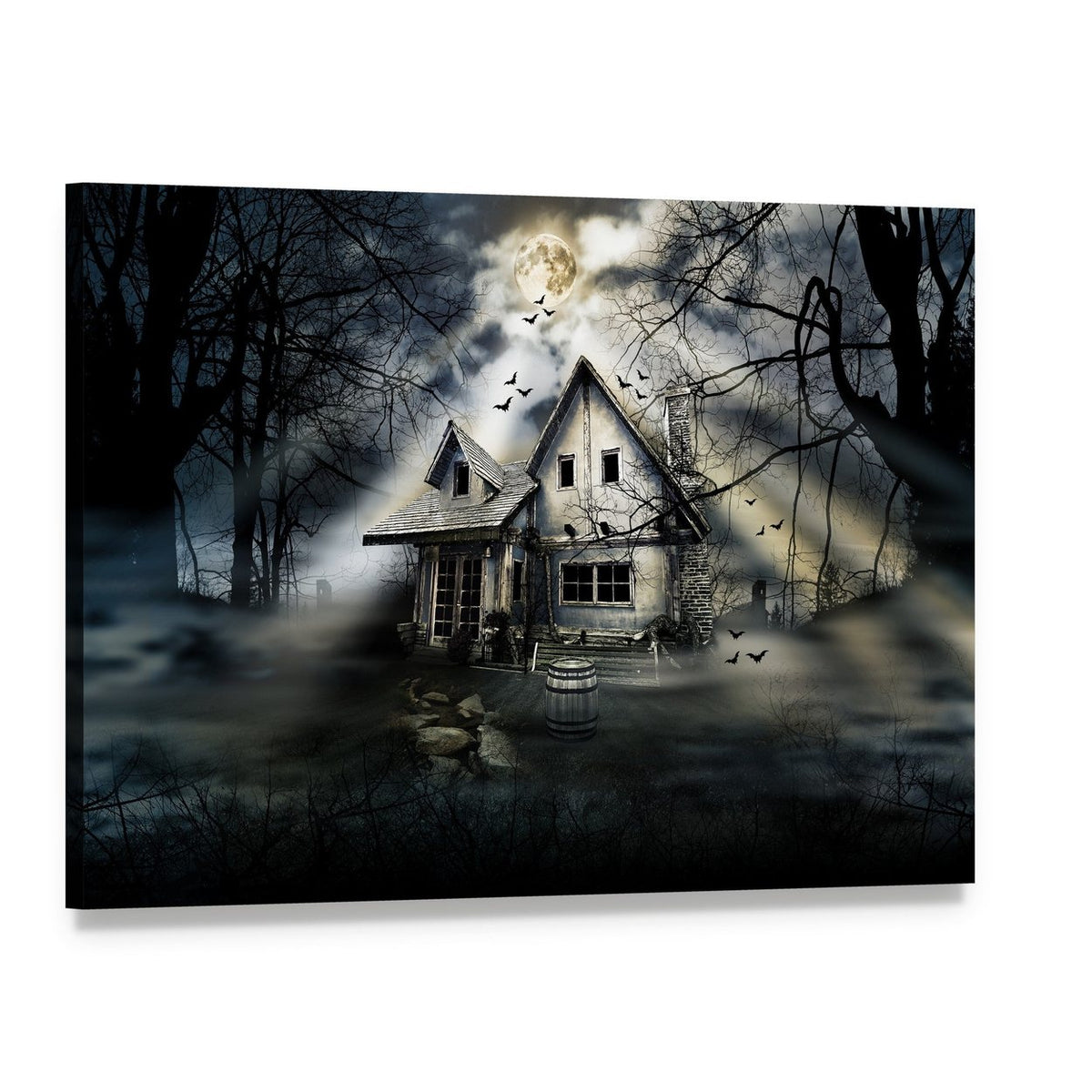 Moonlit Haunted House with Crows Canvas Wall Art, single panel gallery wrapped canvas, angled product view
