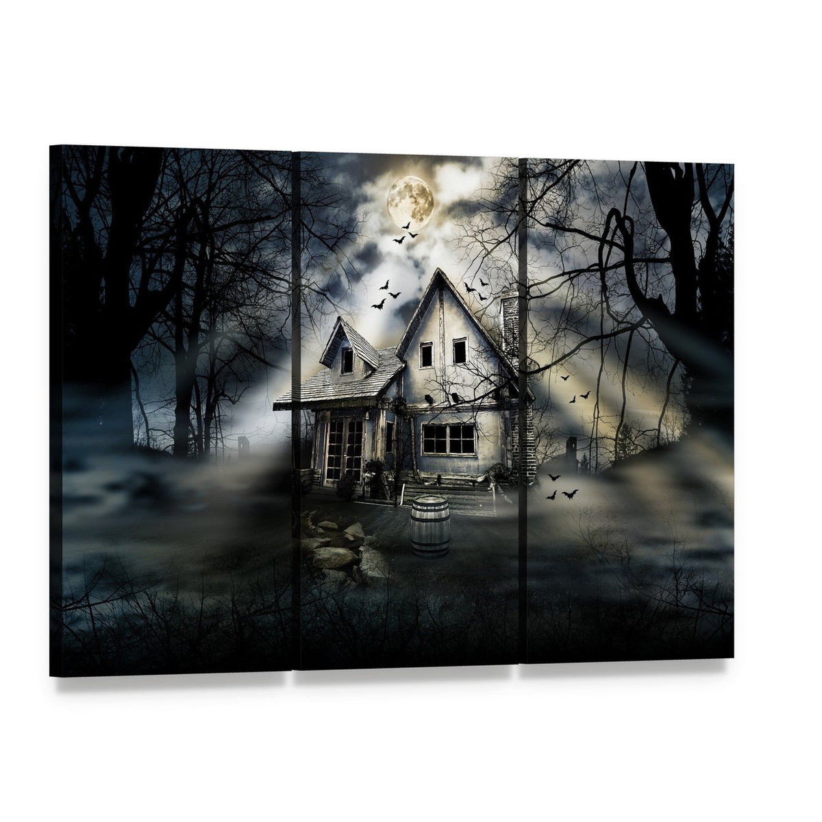 Moonlit Haunted House with Crows Canvas Wall Art, 3 panel 3 Horizontal layout gallery wrapped canvas set, angled product view