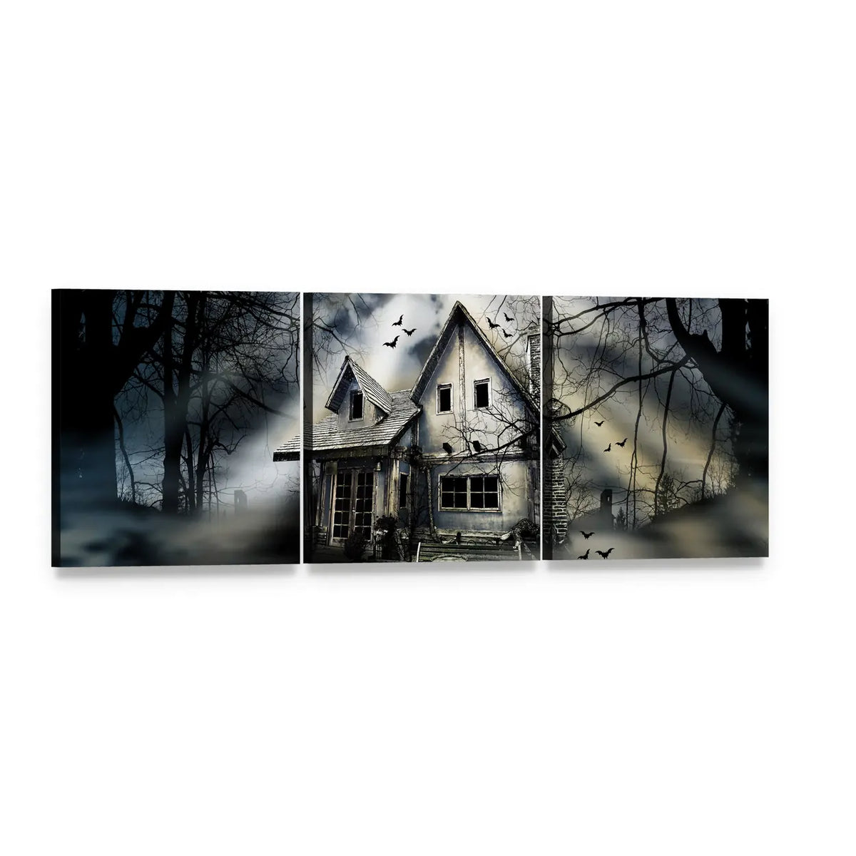 Old Haunted House at Night Panoramic Canvas Wall Art, 3 panel 3 Piece layout gallery wrapped canvas set, angled product view