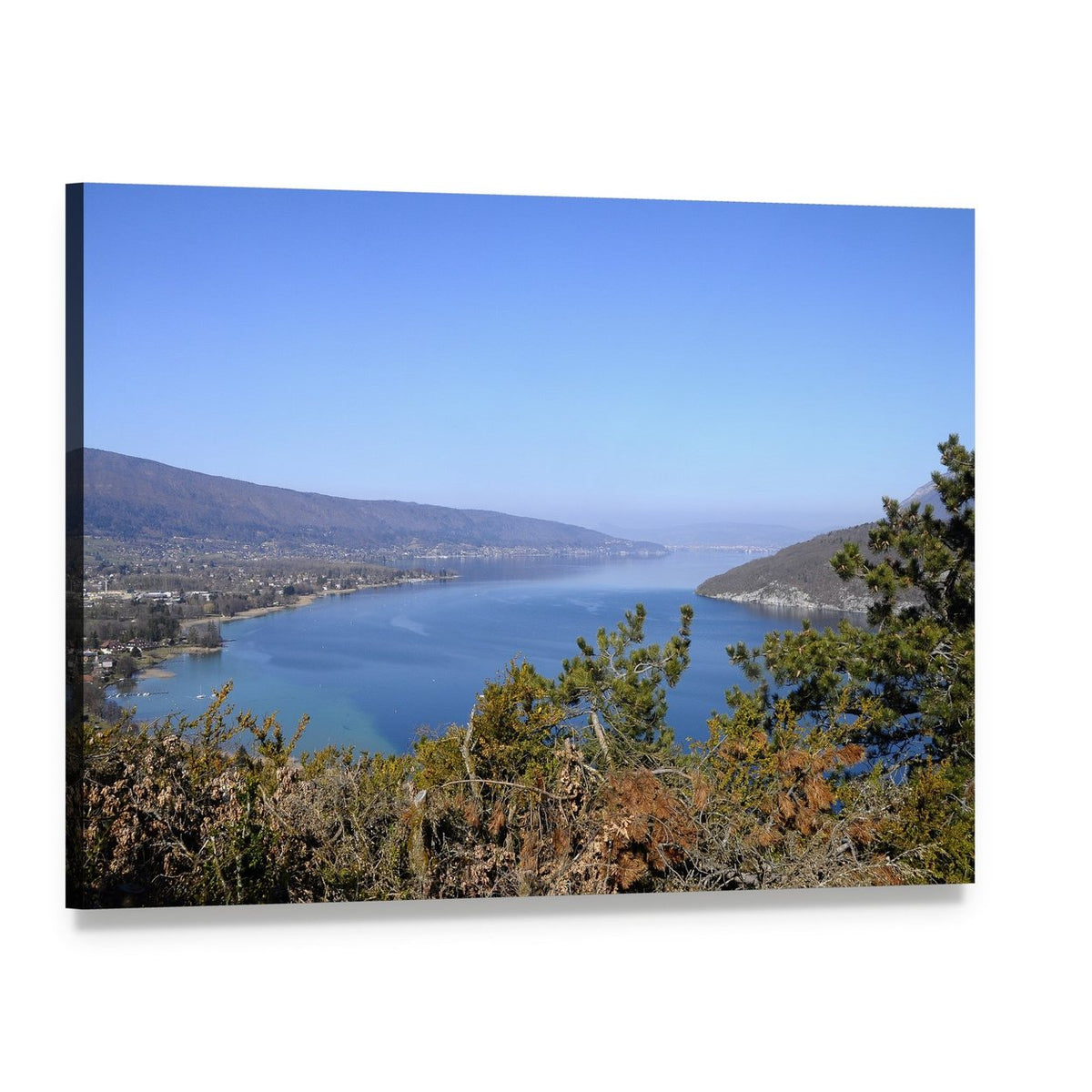 Lake Annecy Landscape Canvas Wall Art, single panel gallery wrapped canvas, angled product view