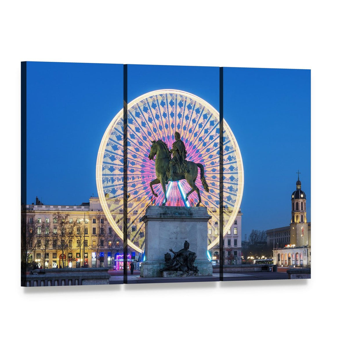 King Louis Statue with Ferris Wheel at Night Canvas Wall Art, 3 panel 3 Horizontal layout gallery wrapped canvas set, angled product view
