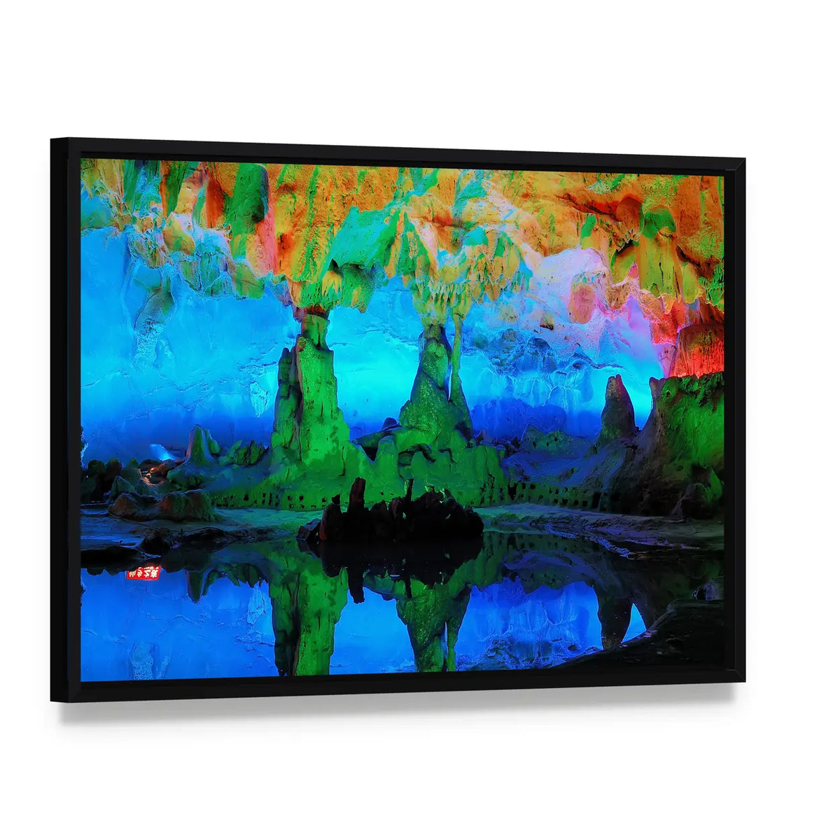 Guilin Limestone Cave with Reflective Pool Canvas Wall Art, framed canvas in a black floater frame, angled product view