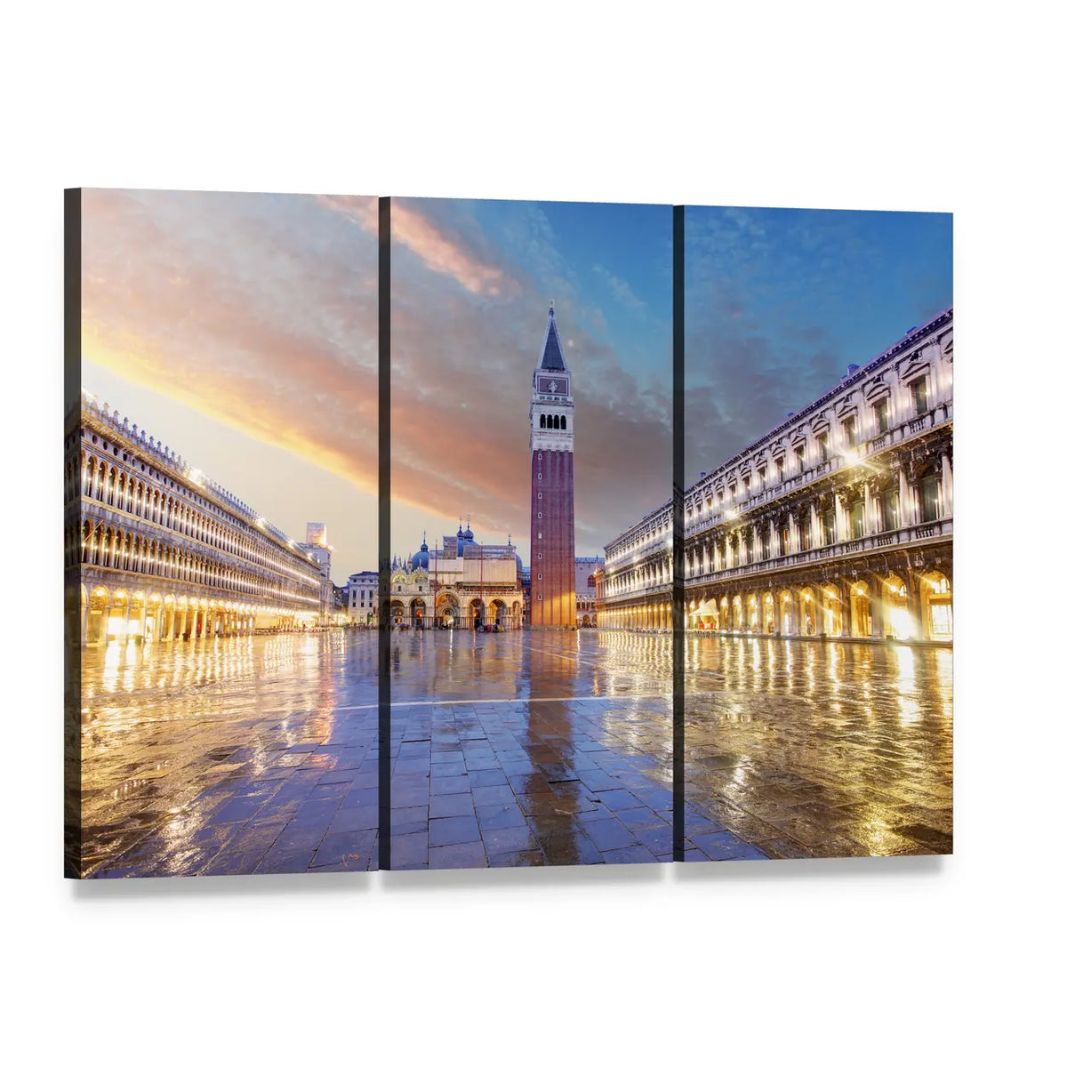 San Marco Square, Venice at Dusk Canvas Wall Art, 3 panel 3 Horizontal layout gallery wrapped canvas set, angled product view