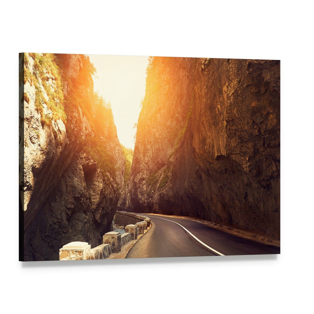 Mountain Road Through Sunlit Canyon Canvas Wall Art, single panel gallery wrapped canvas, angled product view