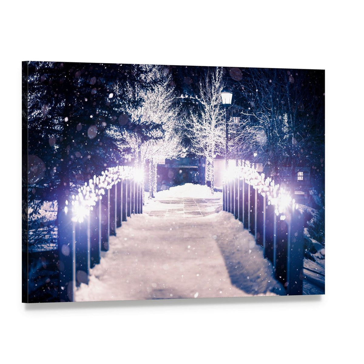 Park Bridge Holiday Illumination Canvas Wall Art, single panel gallery wrapped canvas, angled product view
