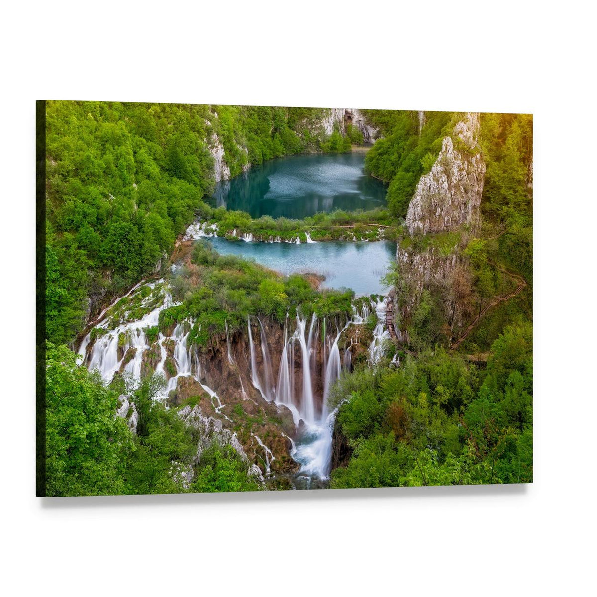 Cascading Waterfalls at Plitvice Canvas Wall Art, single panel gallery wrapped canvas, angled product view