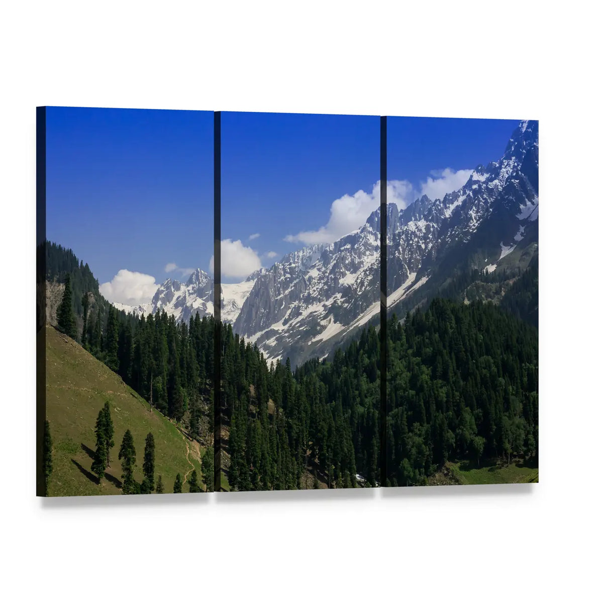 Snow-capped Mountain and Pine Forest Canvas Wall Art, 3 panel 3 Horizontal layout gallery wrapped canvas set, angled product view