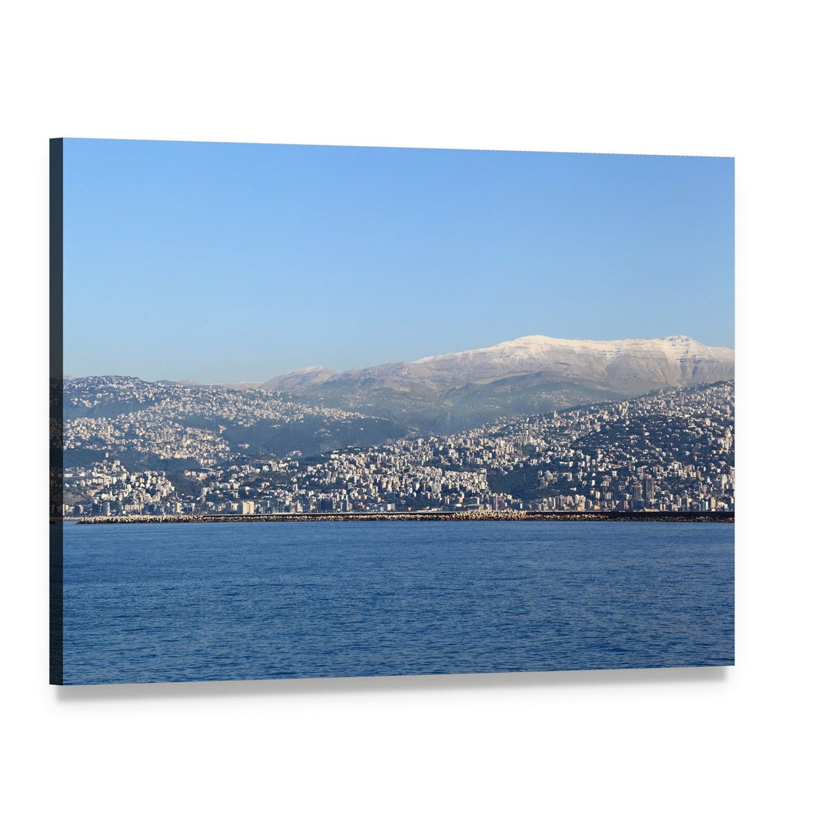 Lebanon Mountains with City and Lake Canvas Wall Art, single panel gallery wrapped canvas, angled product view