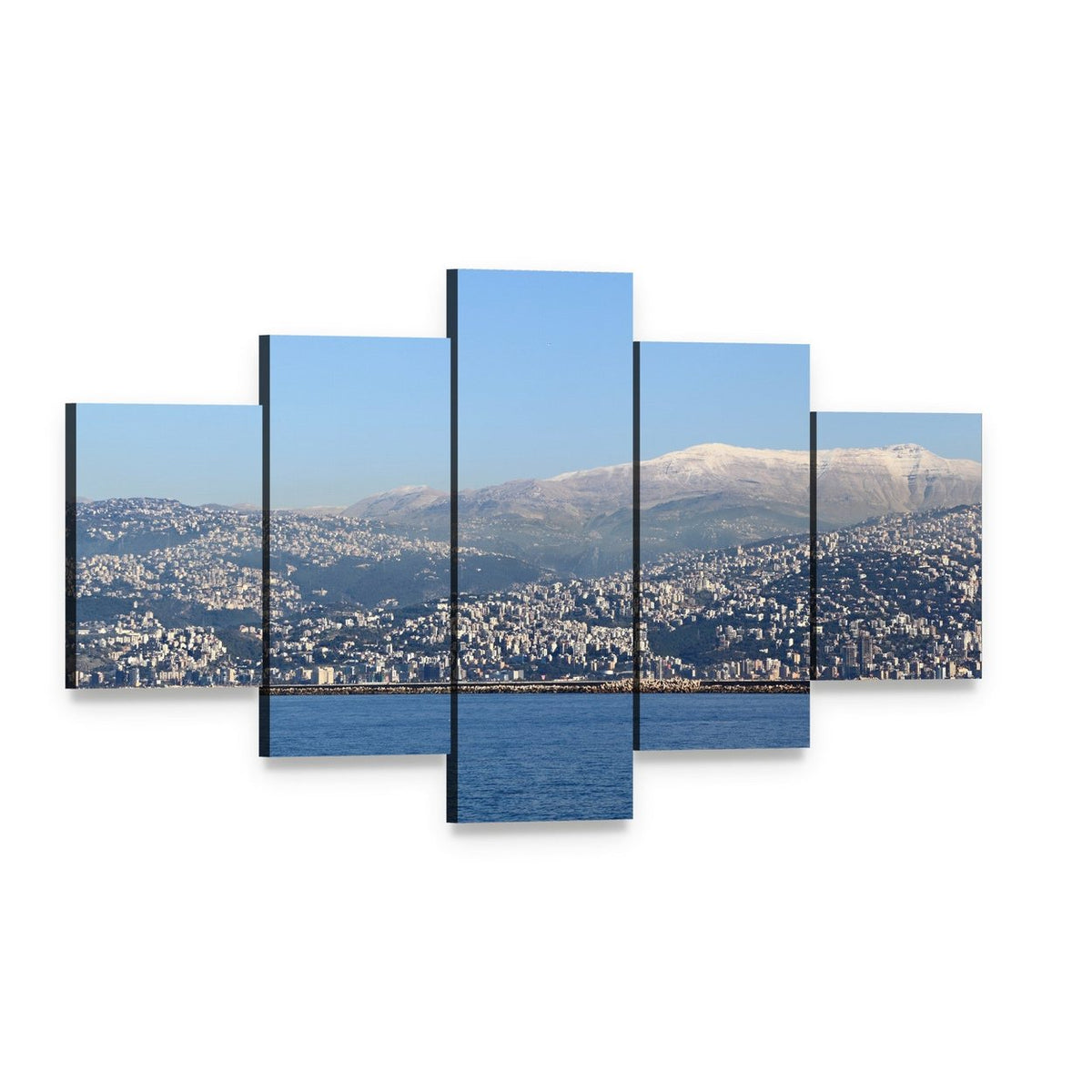 Lebanon Mountains with City and Lake Canvas Wall Art, 5 panel 5 Star layout gallery wrapped canvas set, angled product view