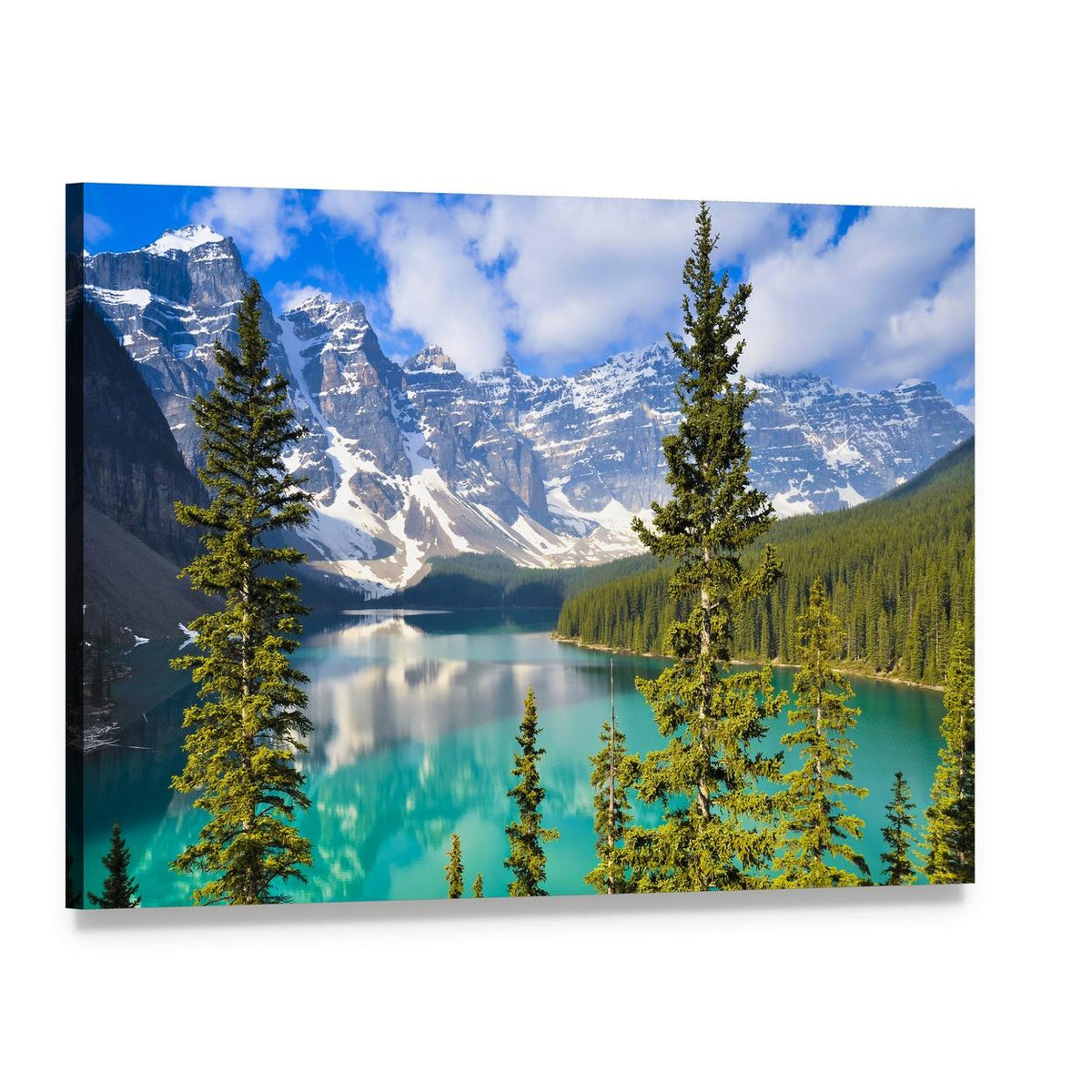 Moraine Lake with Snow-capped Mountains Canvas Wall Art, single panel gallery wrapped canvas, angled product view