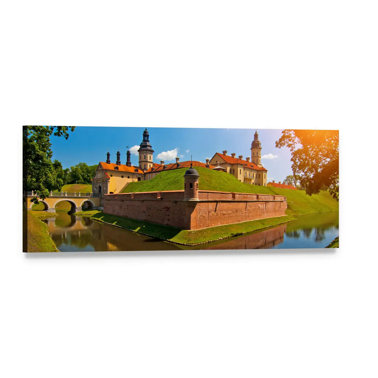 Belarus Castle with Arched Bridge Panoramic Canvas Wall Art, single panel gallery wrapped canvas, angled product view