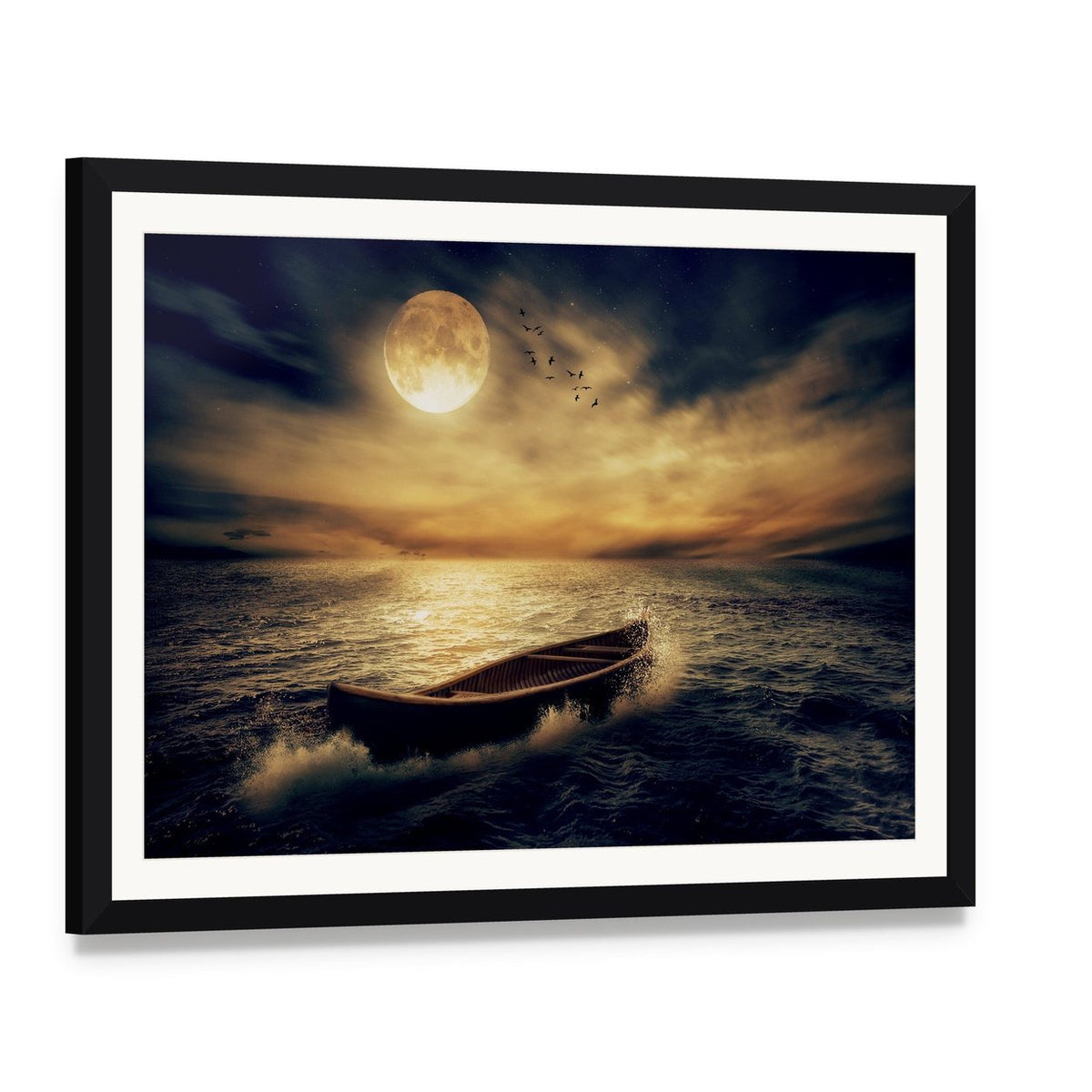 Rowboat Under a Full Moon Canvas Wall Art, framed print with white mat and black frame, angled product view