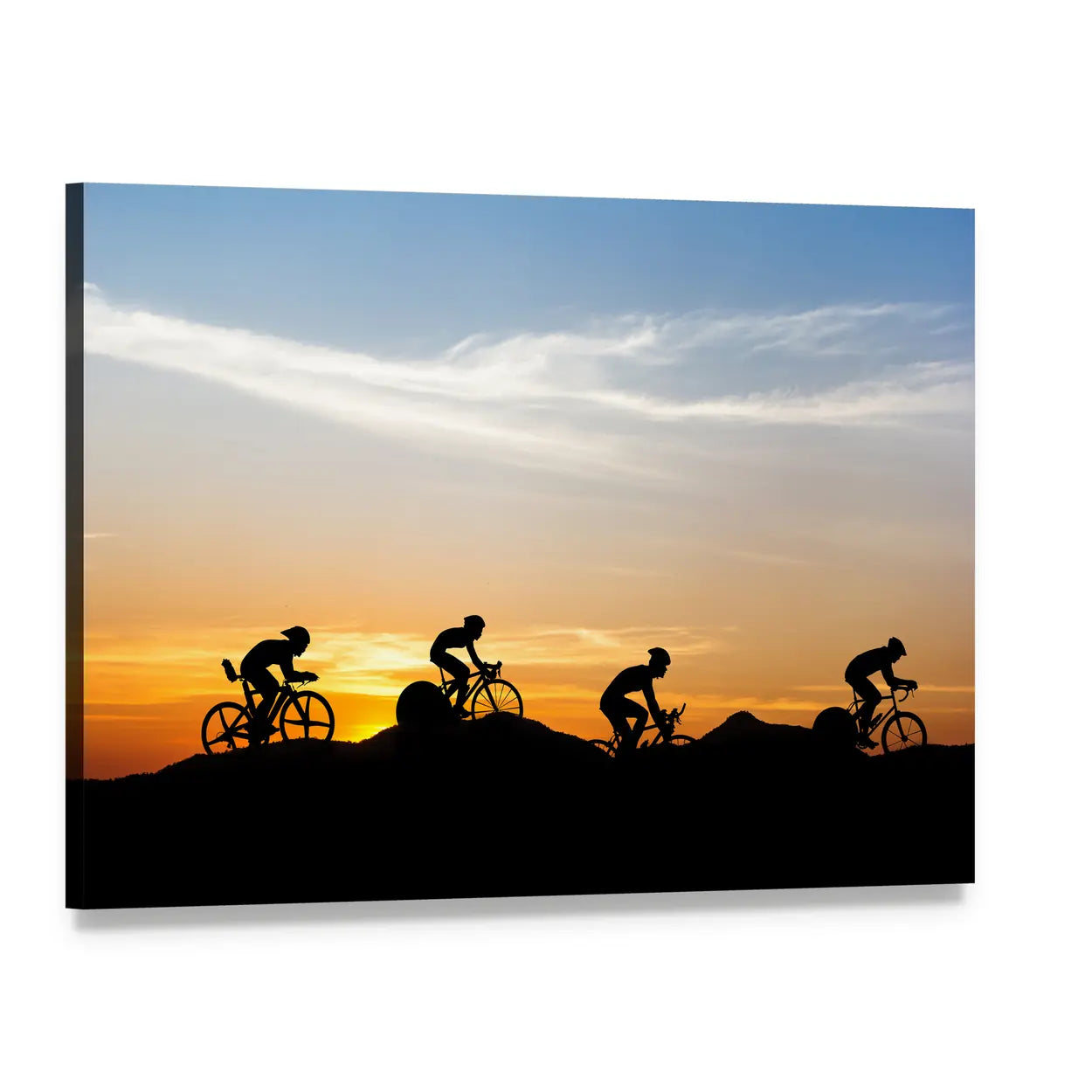 Silhouetted Cyclists at Mountain Sunset Canvas Wall Art, single panel gallery wrapped canvas, angled product view