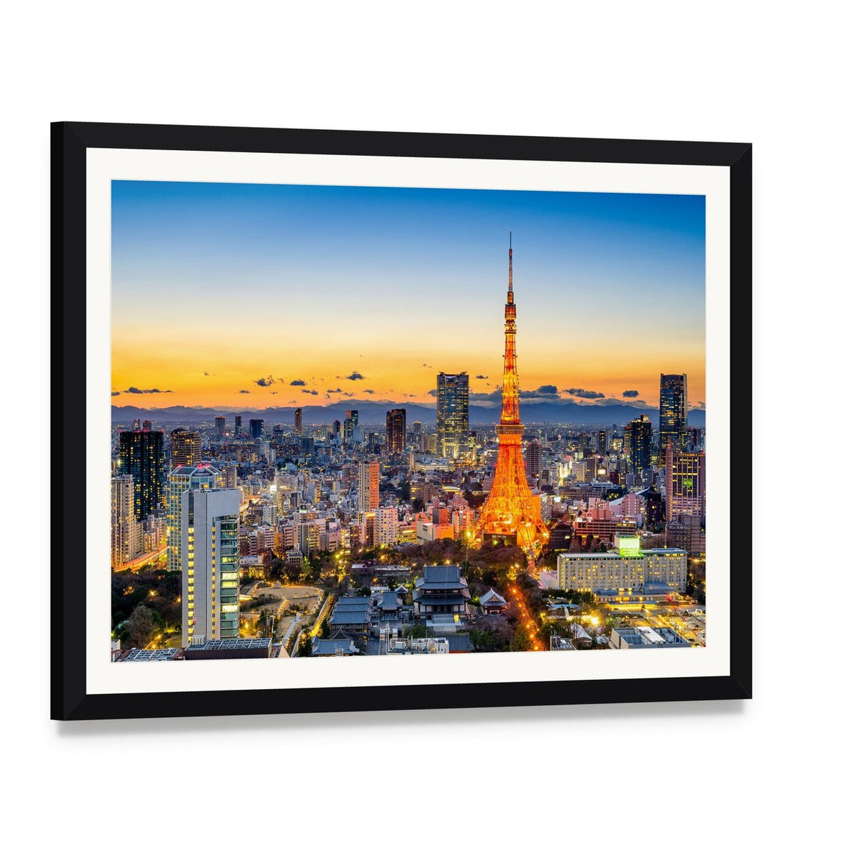 Tokyo Tower at Sunset Canvas Wall Art, framed print with white mat and black frame, angled product view