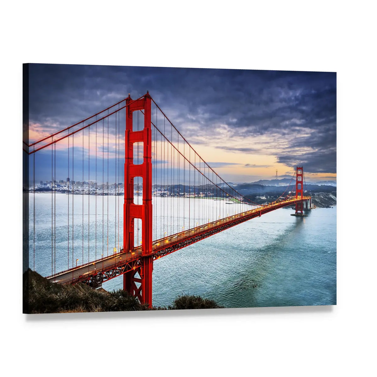Golden Gate Bridge at Dusk Canvas Wall Art, single panel gallery wrapped canvas, angled product view