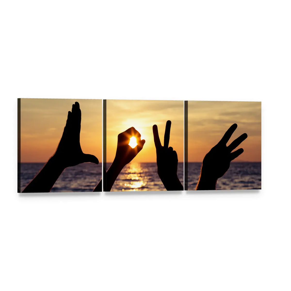 Hand Silhouettes Spelling Love at Sunset Panoramic Canvas Wall Art, 3 panel 3 Piece layout gallery wrapped canvas set, angled product view