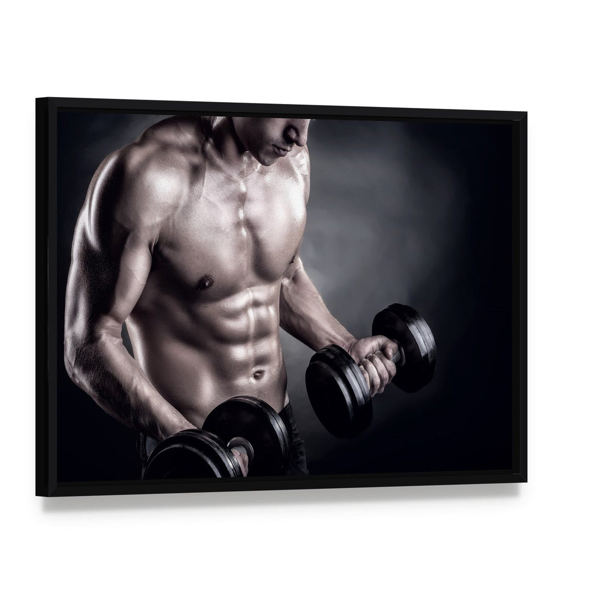 Bodybuilder Lifting Weights Canvas Wall Art, framed canvas in a black floater frame, angled product view
