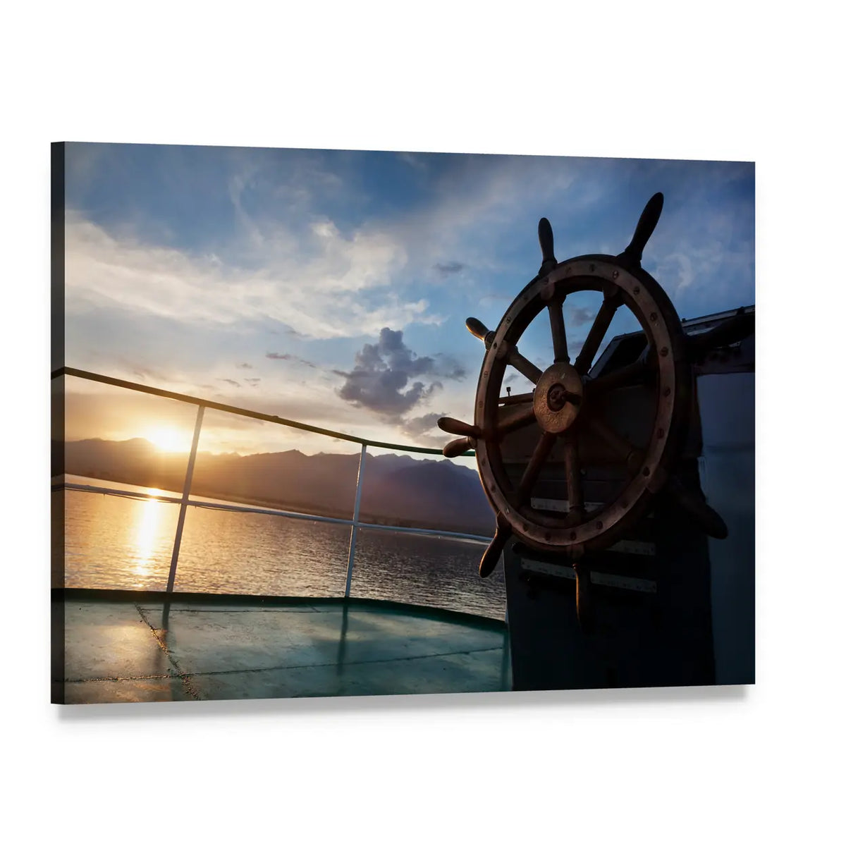 Wooden Ship Wheel at Sunset Canvas Wall Art, single panel gallery wrapped canvas, angled product view