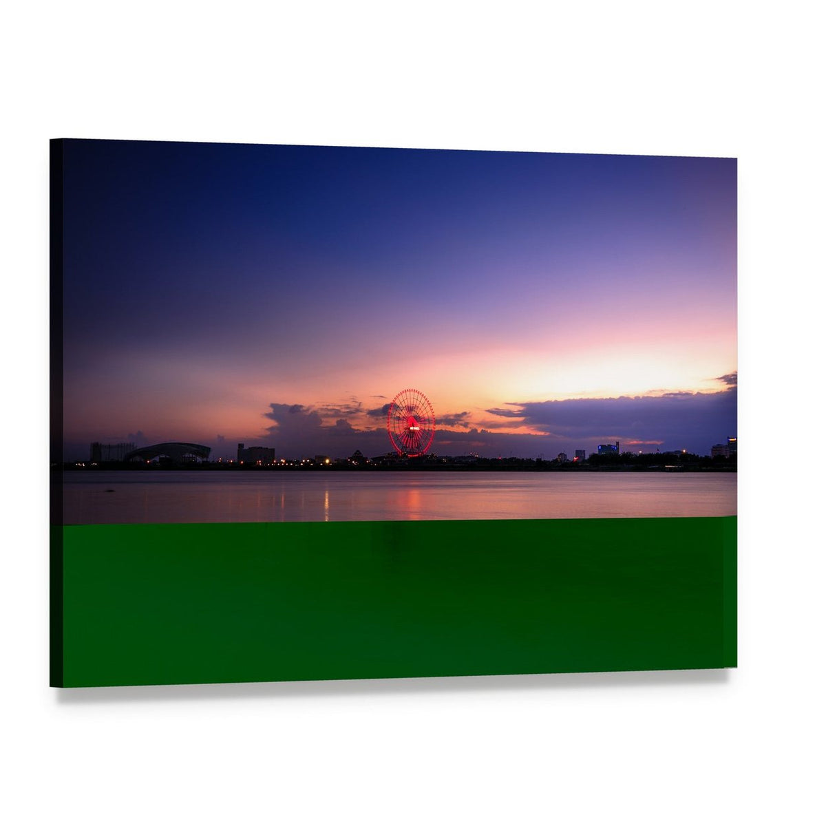 Sunset Over Riverfront Ferris Wheel Canvas Wall Art, single panel gallery wrapped canvas, angled product view